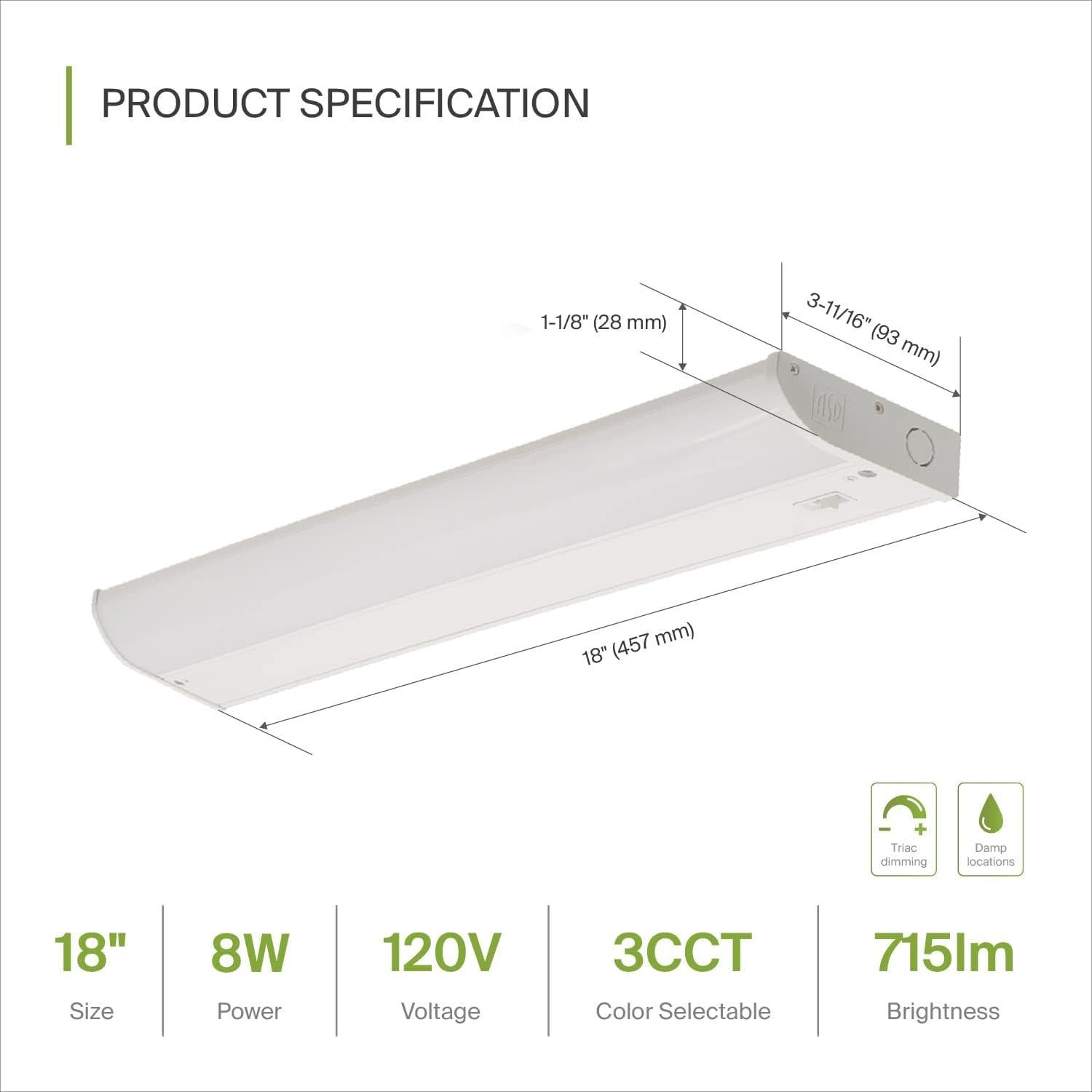 Iluminación LED Bajo Mueble ASD 45.72 cm 8W Dimmable 3000K-5000K