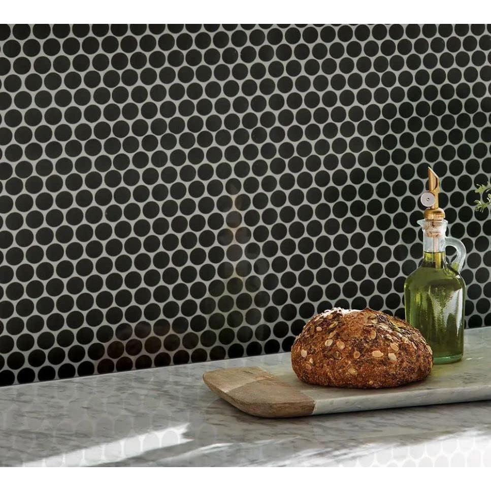 Azulejo de Porcelana Mosaico Redondo Tenedos Negro Mate 12x12