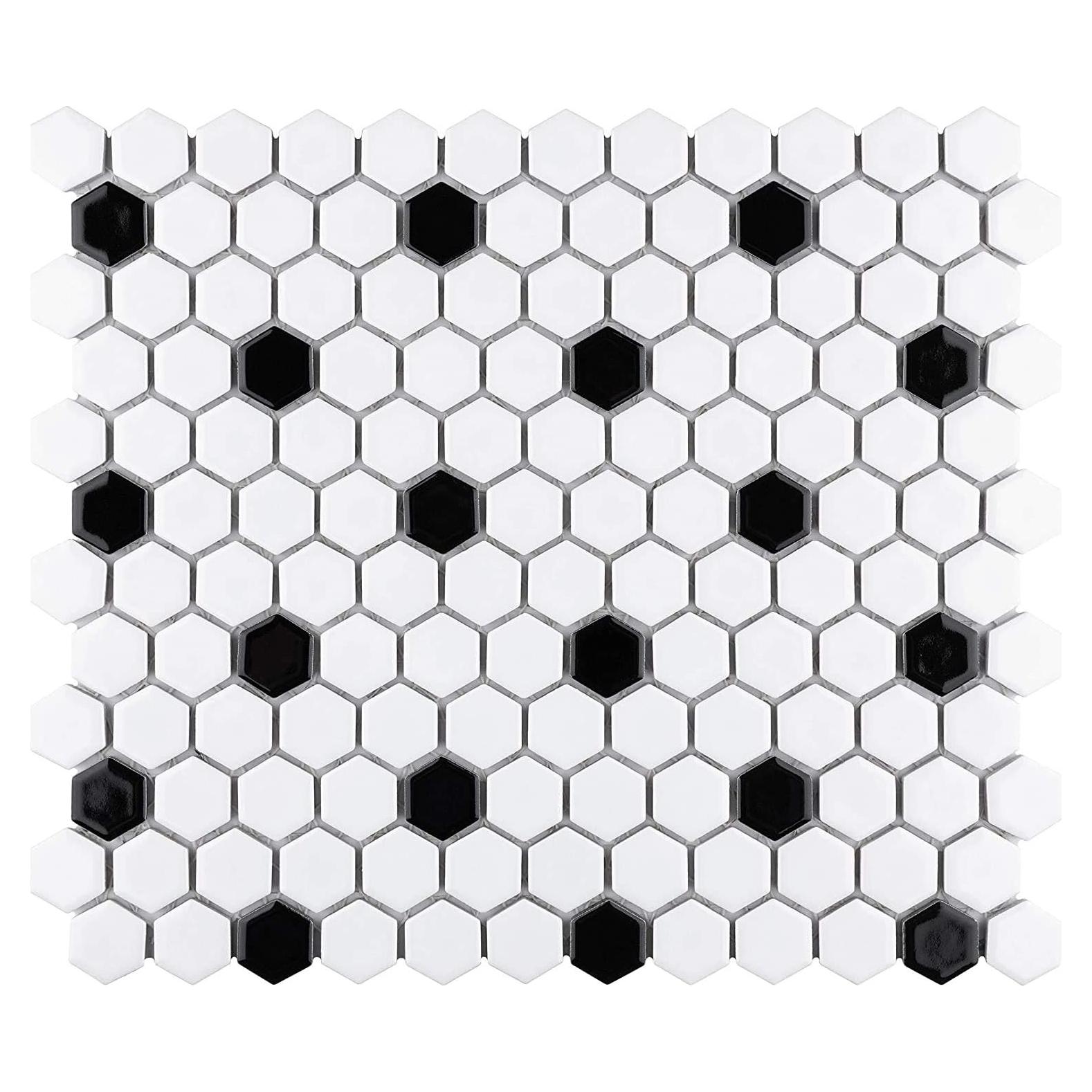 Azulejo Porcelana Hexagonal Tenedos Blanco y Negro Mate 2.22 cm