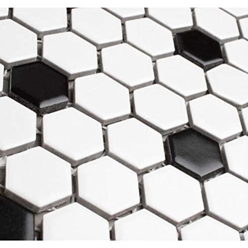 Azulejo Porcelana Hexagonal Tenedos Blanco y Negro Mate 2.22 cm