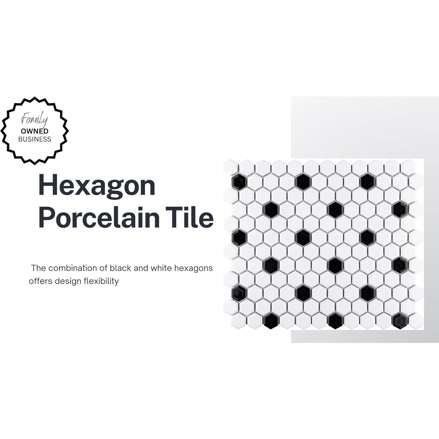 Azulejo Porcelana Hexagonal Tenedos Blanco y Negro Mate 2.22 cm