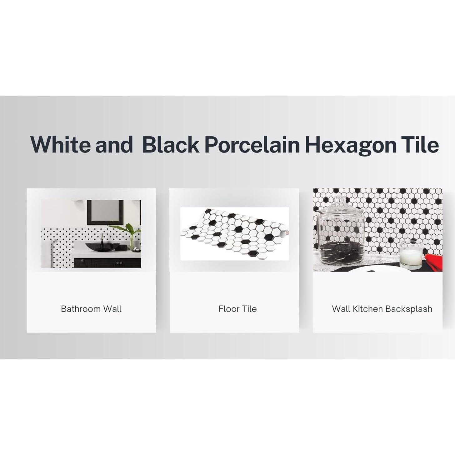 Azulejo Porcelana Hexagonal Tenedos Blanco y Negro Mate 2.22 cm