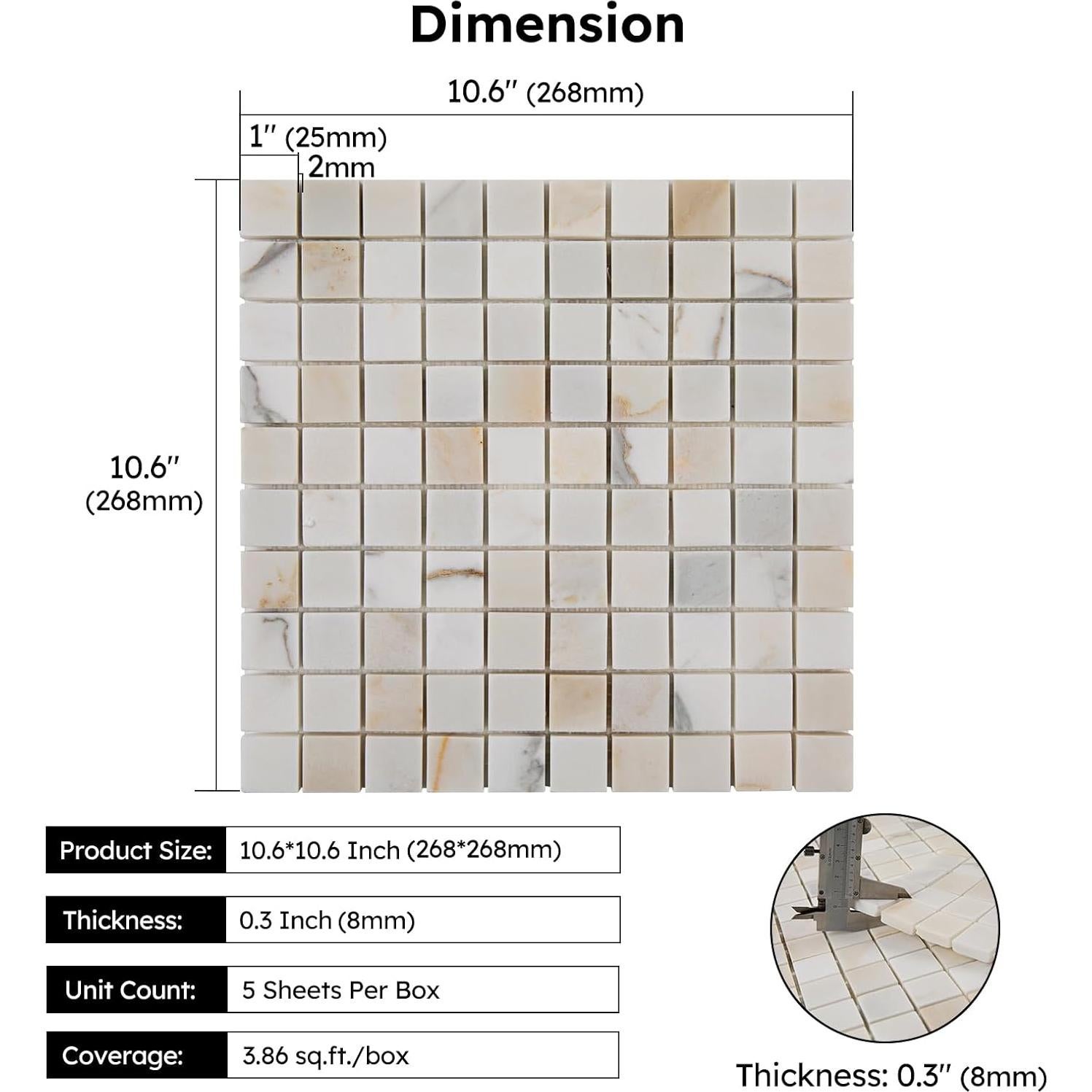Azulejo de mosaico de mármol Diflart Calacatta dorado 1" pulido