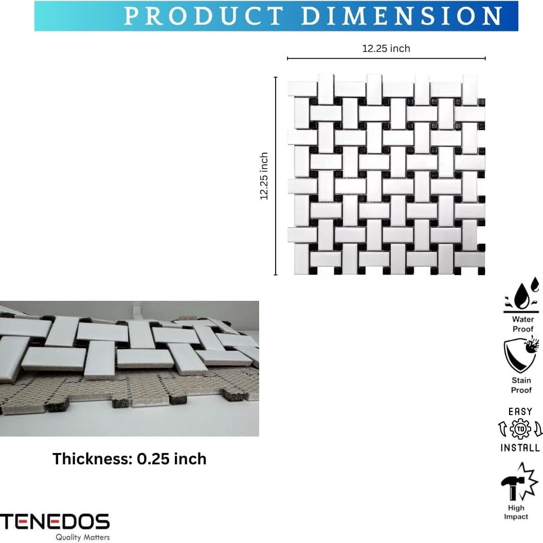 Teja de Porcelana Mosaico Tenedos HTC411 30.48x30.48 cm Negro Blanco Mate