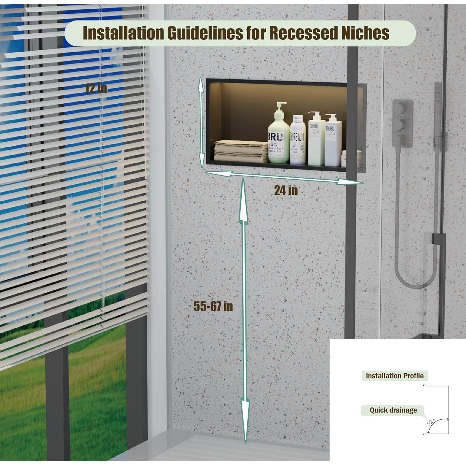 Nicho de Ducha LED IKITRAEE 61x30.5cm Acero Inoxidable Negro Mate