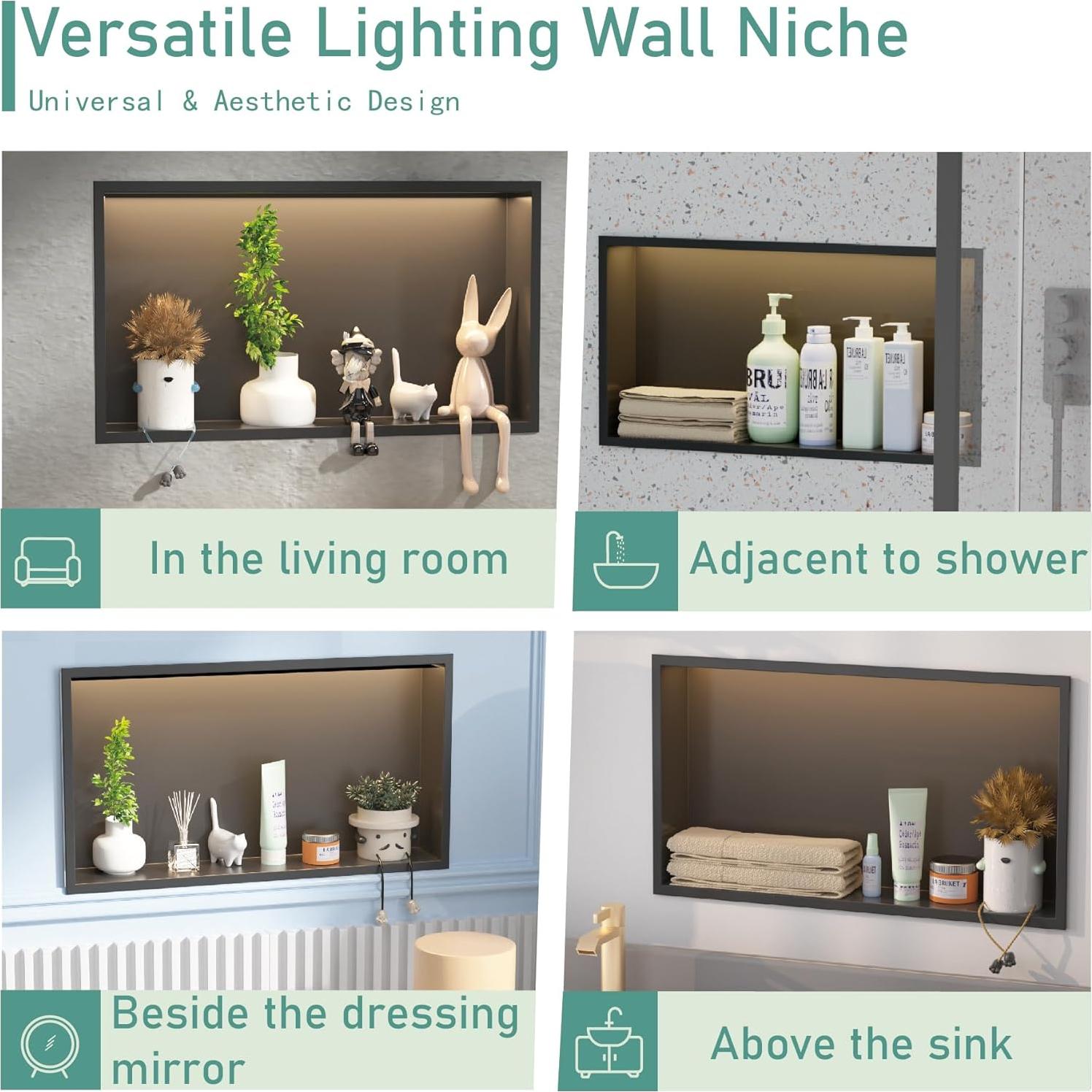 Nicho de Ducha LED IKITRAEE 61x30.5cm Acero Inoxidable Negro Mate