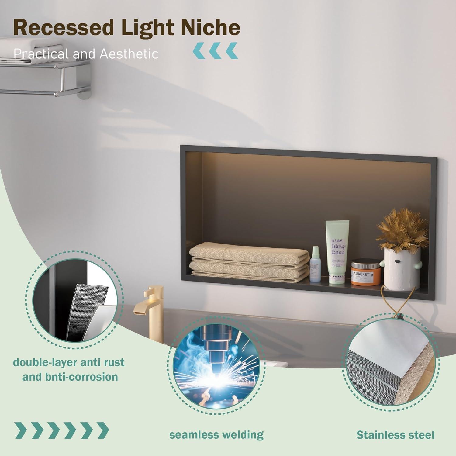 Nicho de Ducha LED IKITRAEE 61x30.5cm Acero Inoxidable Negro Mate