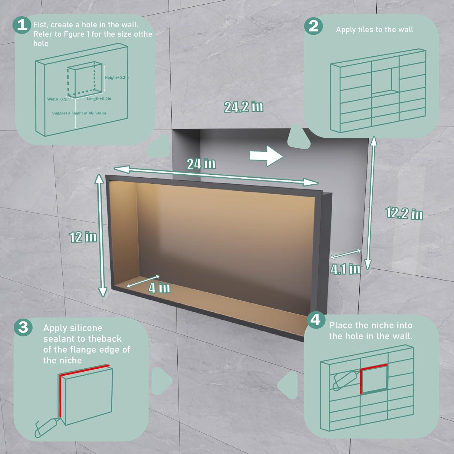 Nicho de Ducha LED IKITRAEE 61x30.5cm Acero Inoxidable Negro Mate