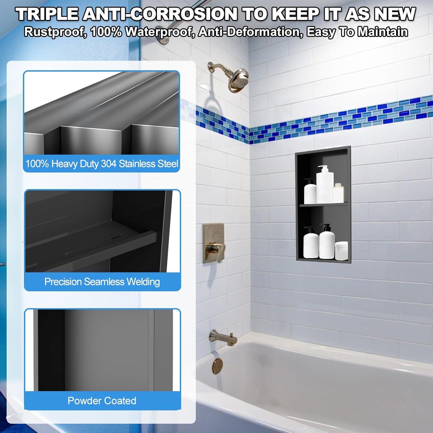 Nicho de Ducha Vlaeng Acero Inoxidable 30.5x61 cm Negro Mate