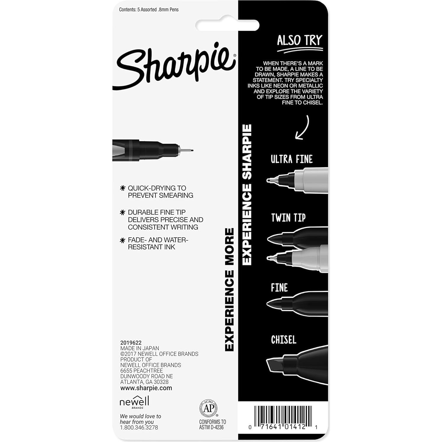 Bolígrafos Sharpie Punta Fina 0.8mm Colores Variados 5 Unidades