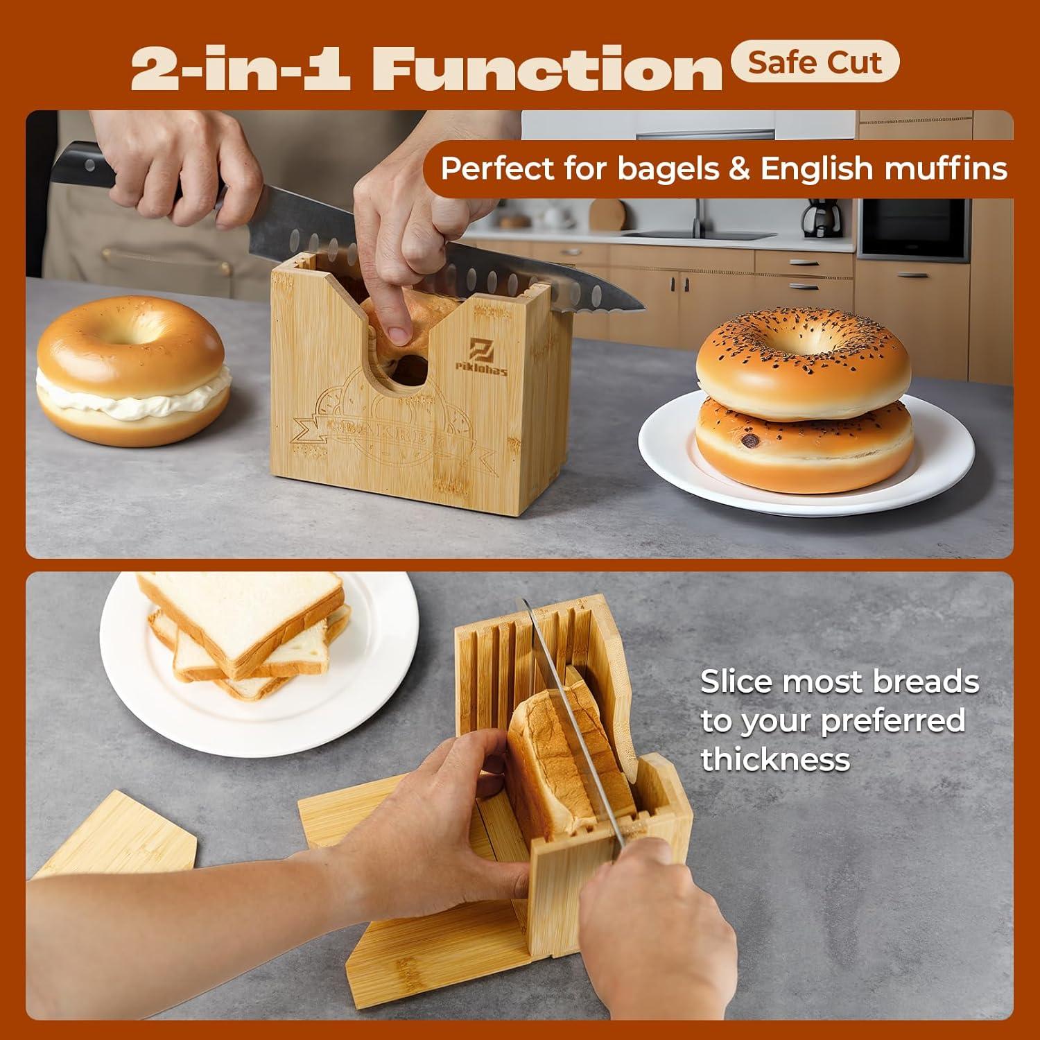 Cortador de Bagels Piklohas de Bambú Natural con Grosor Ajustable