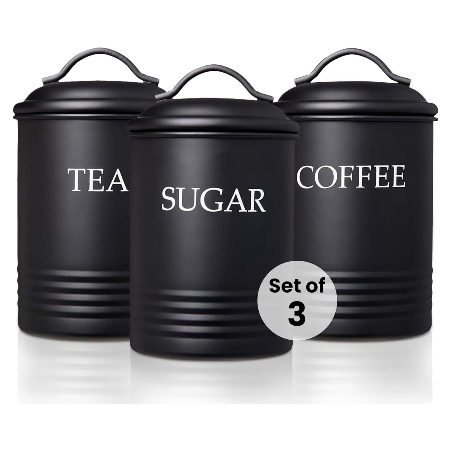 Juego de 3 Tarros de Cocina de Acero Negro para Azúcar, Café y Té