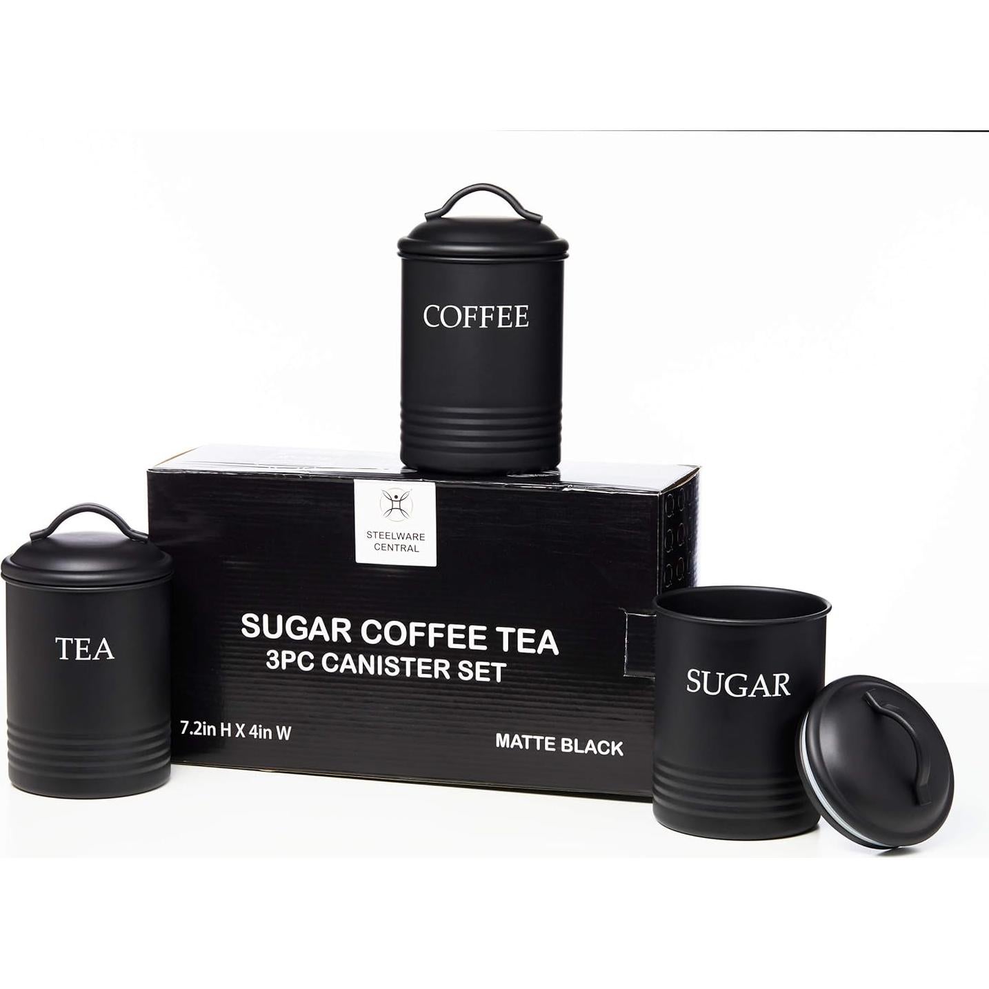 Juego de 3 Tarros de Cocina de Acero Negro para Azúcar, Café y Té