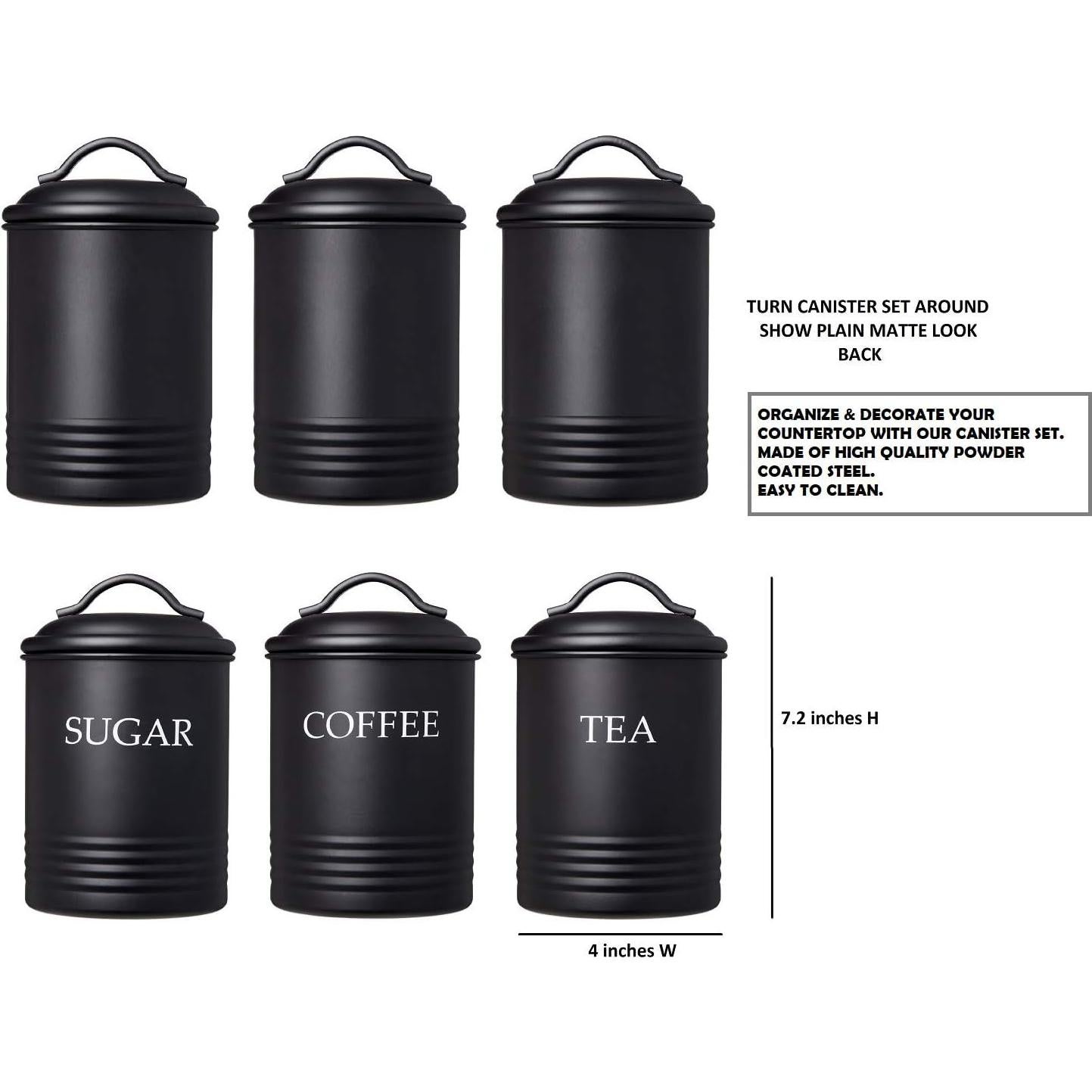 Juego de 3 Tarros de Cocina de Acero Negro para Azúcar, Café y Té