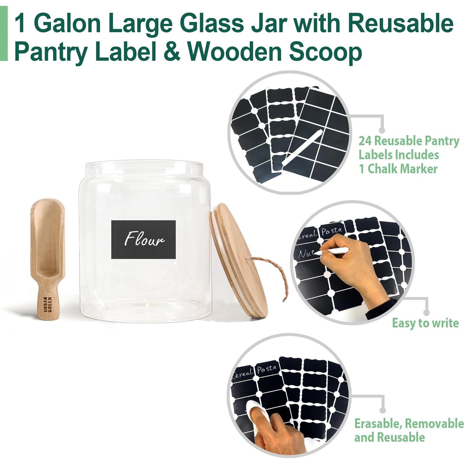 Urban Green Glass Jars with Airtight Lids, Airtight Glass Canisters with Locking Lids, (Bamboo-1Gal)