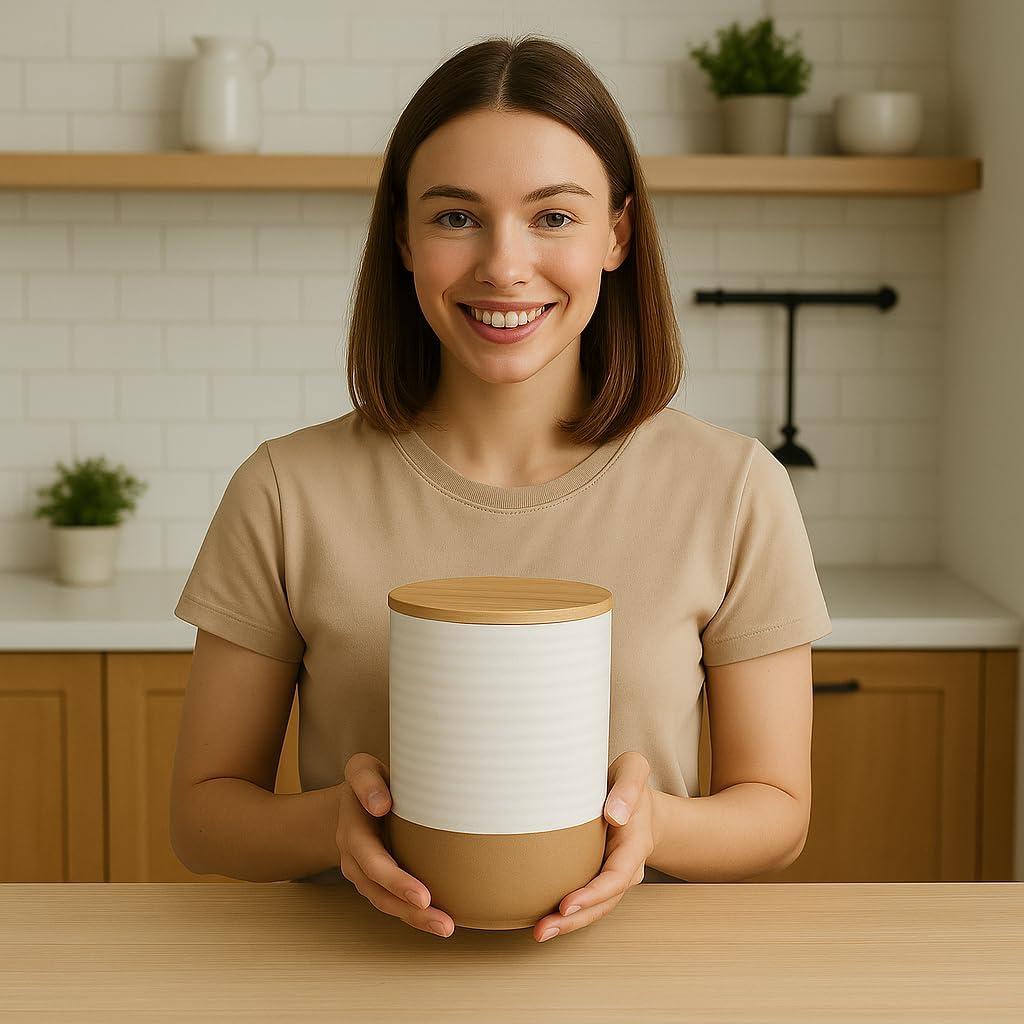 Tarros de Cerámica Hasense con Tapas de Bambú - 2 Piezas 2.27L y 0.68L