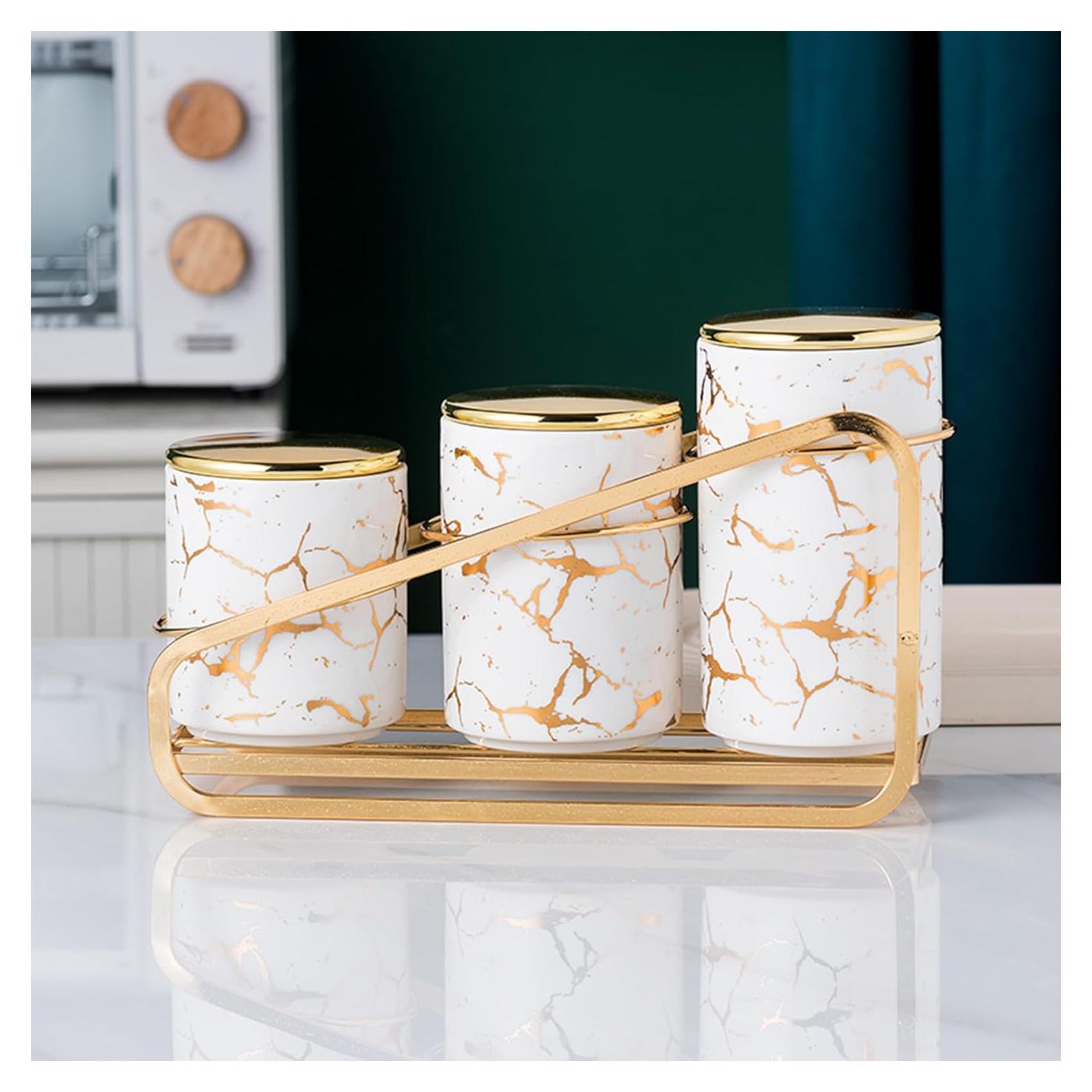 Juego de 3 Tarros de Cerámica Herméticos con Soporte Dorado