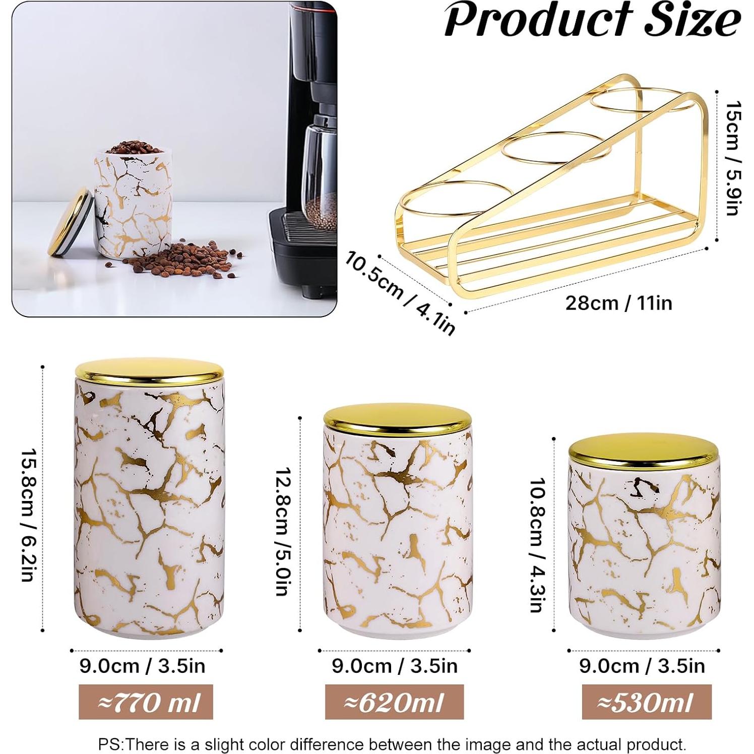 Juego de 3 Tarros de Cerámica Herméticos con Soporte Dorado