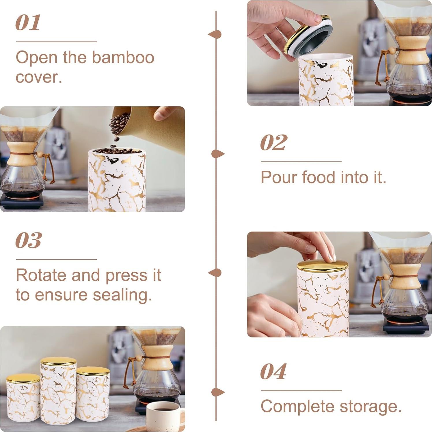 Juego de 3 Tarros de Cerámica Herméticos con Soporte Dorado