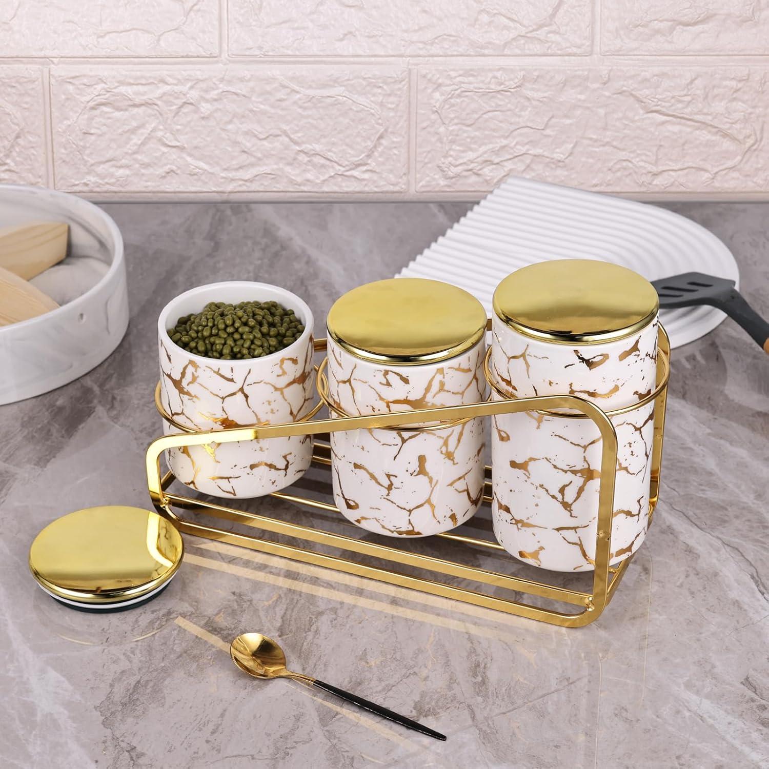 Juego de 3 Tarros de Cerámica Herméticos con Soporte Dorado