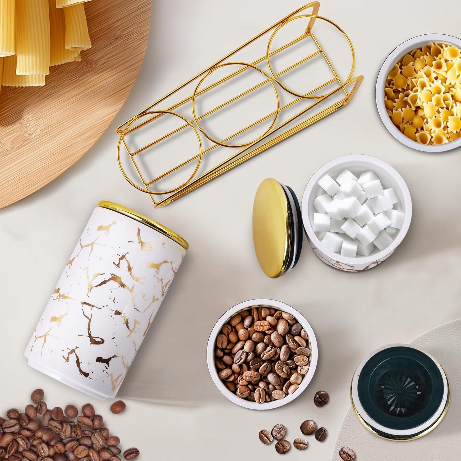 Juego de 3 Tarros de Cerámica Herméticos con Soporte Dorado