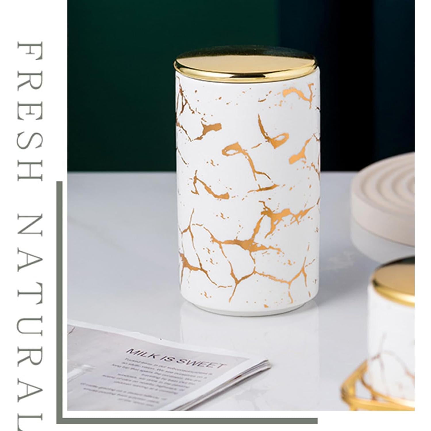 Juego de 3 Tarros de Cerámica Herméticos con Soporte Dorado