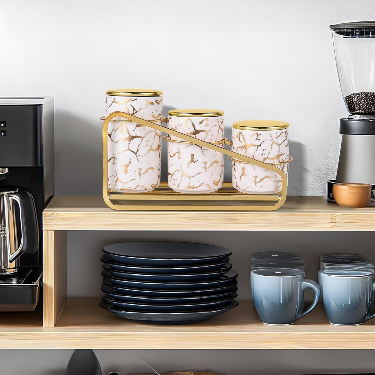 Juego de 3 Tarros de Cerámica Herméticos con Soporte Dorado