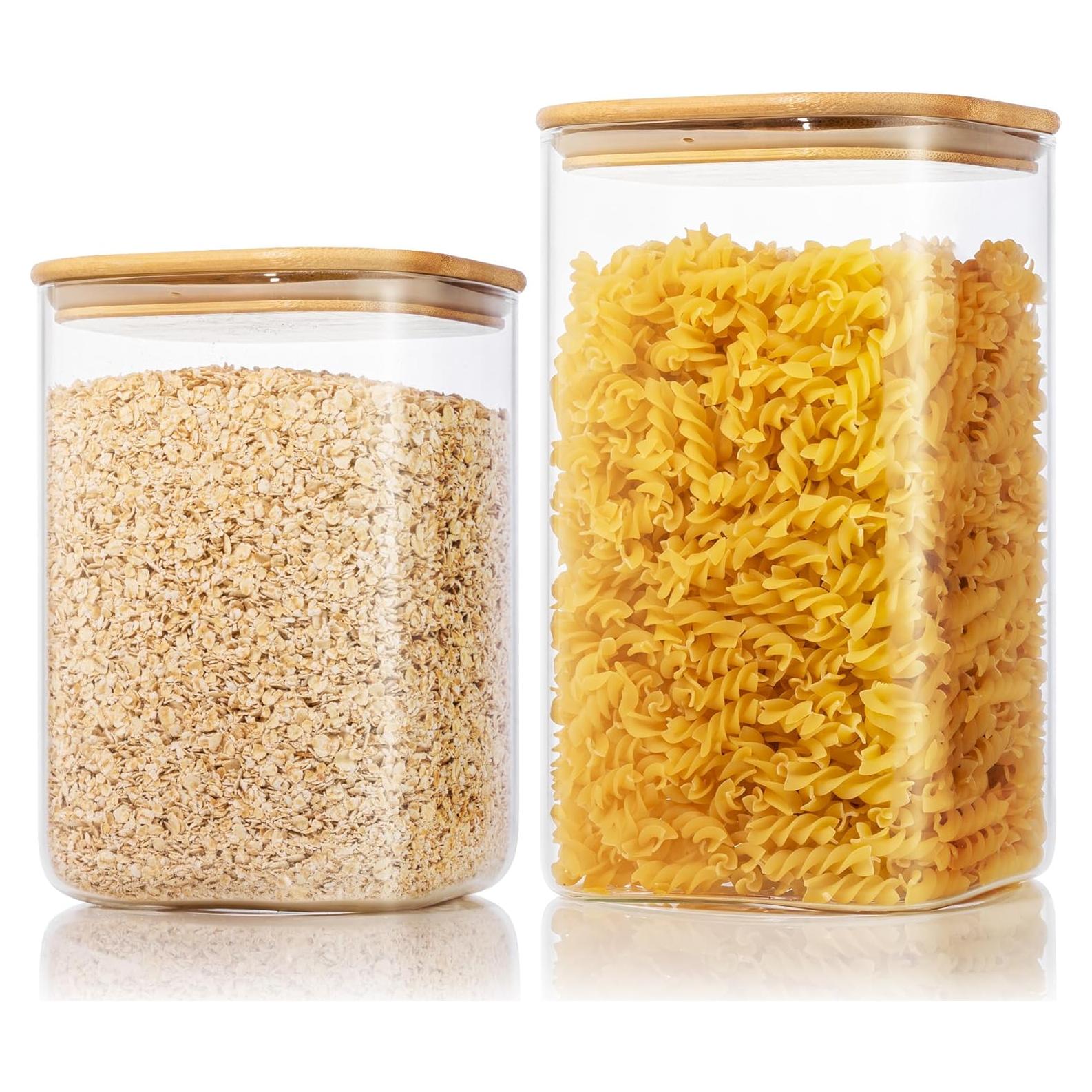 Extra Large Square Glass Flour & Sugar Storage Containers with Airtight Lids, 168 floz & 84 floz - 2 Pack Glass Jars with Bamboo Lids, Air tight Food Storage Containers for Cereal, Pasta, Rice