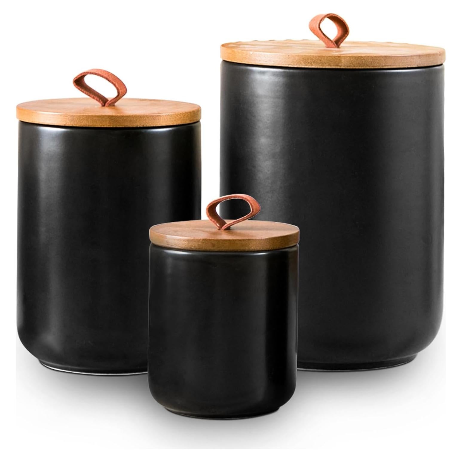 Juego de 3 Tarros de Cerámica Negra Kendiis con Tapa Hermética