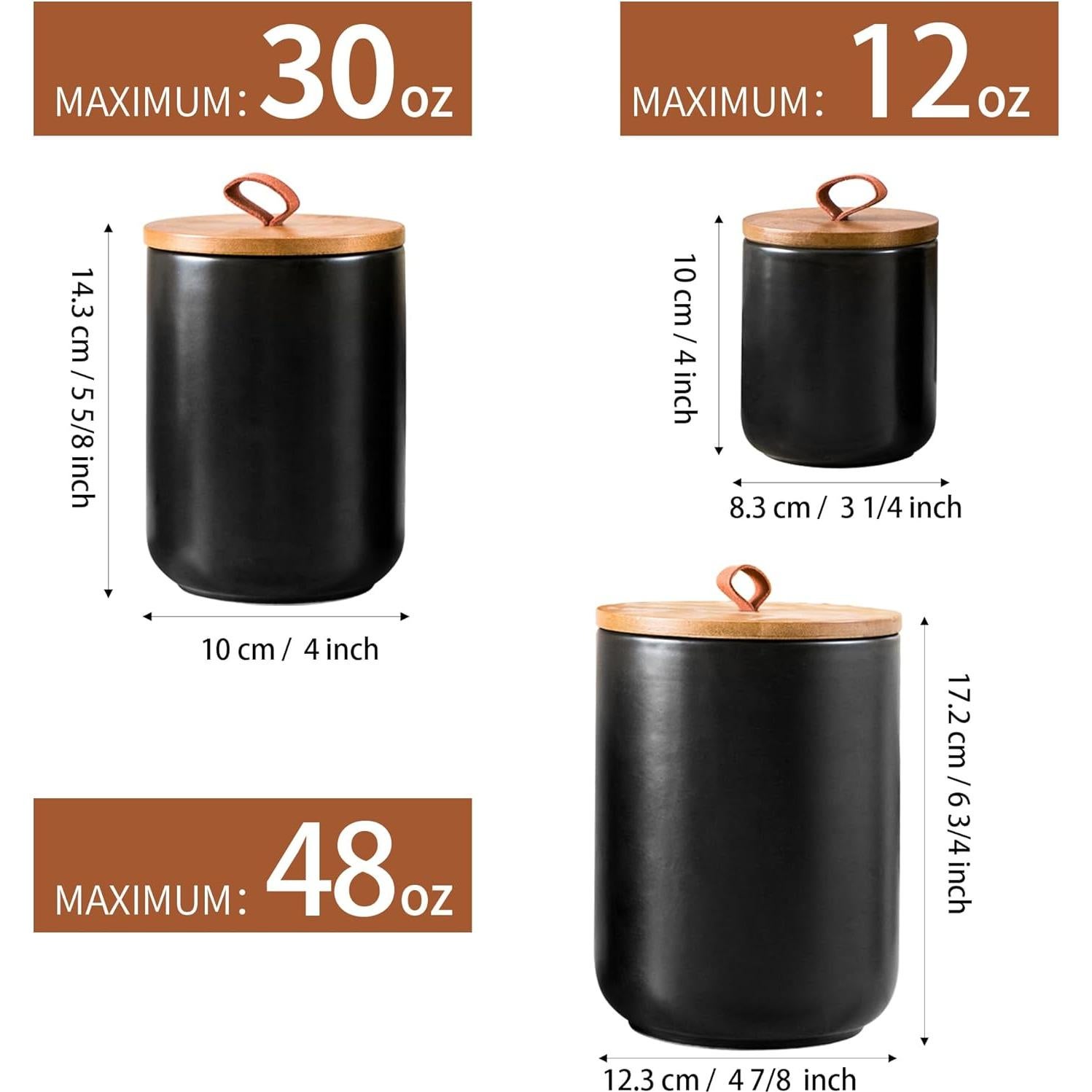 Juego de 3 Tarros de Cerámica Negra Kendiis con Tapa Hermética