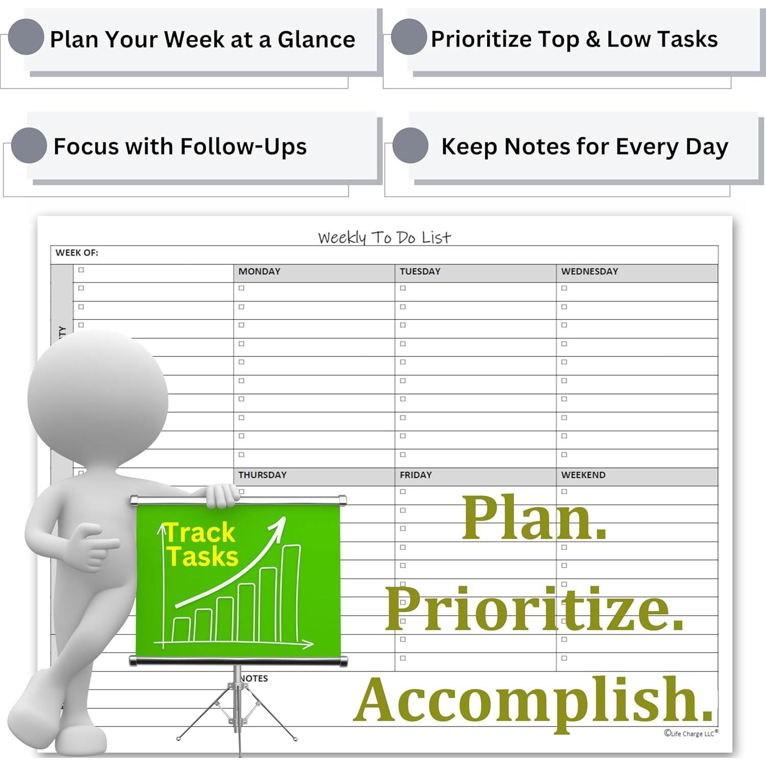 Bloc de Notas Semanal de Tareas Life Charge 60 Páginas 28x22cm