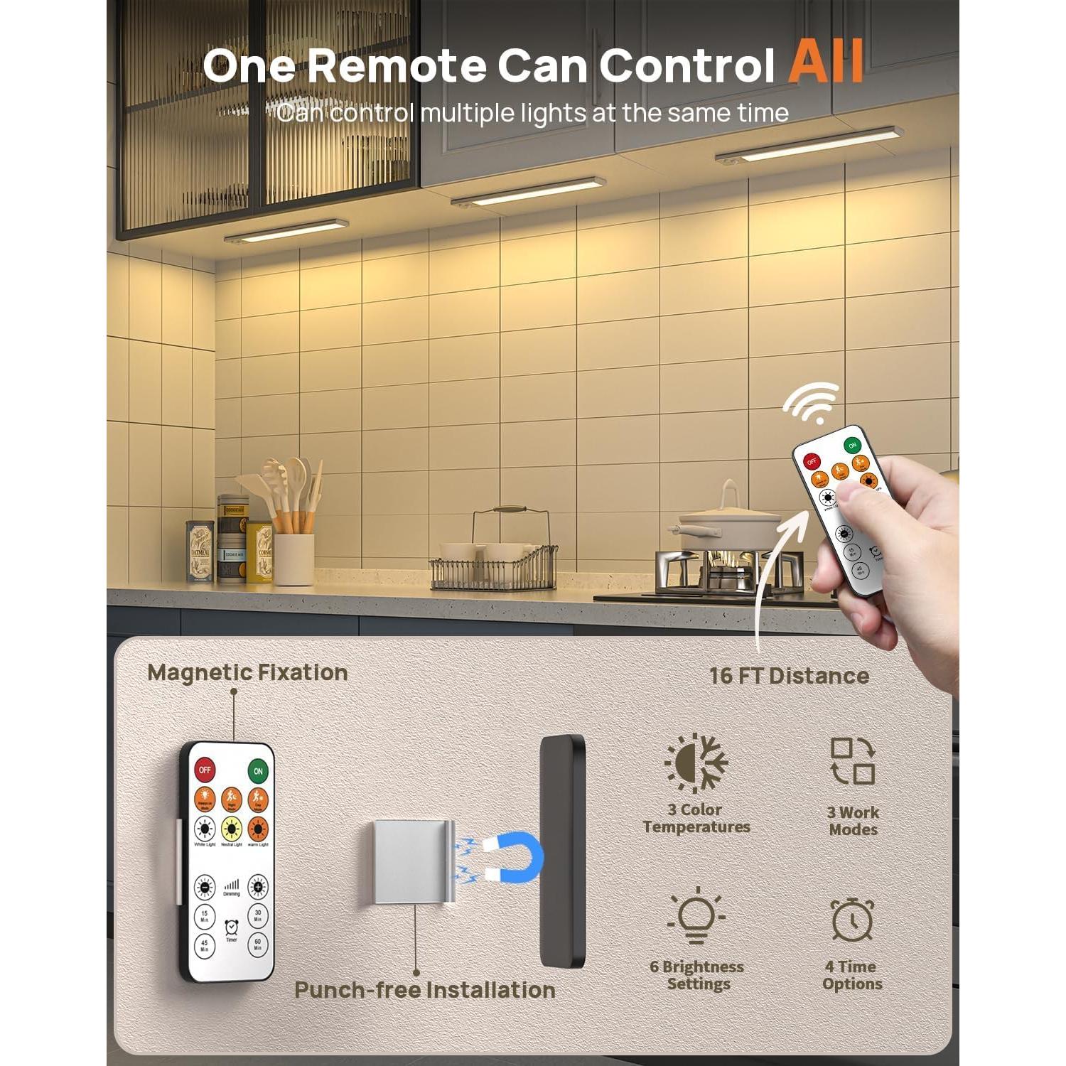 Luces Bajo Gabinete Flysein, 80 LED, Recargables, Control Remoto