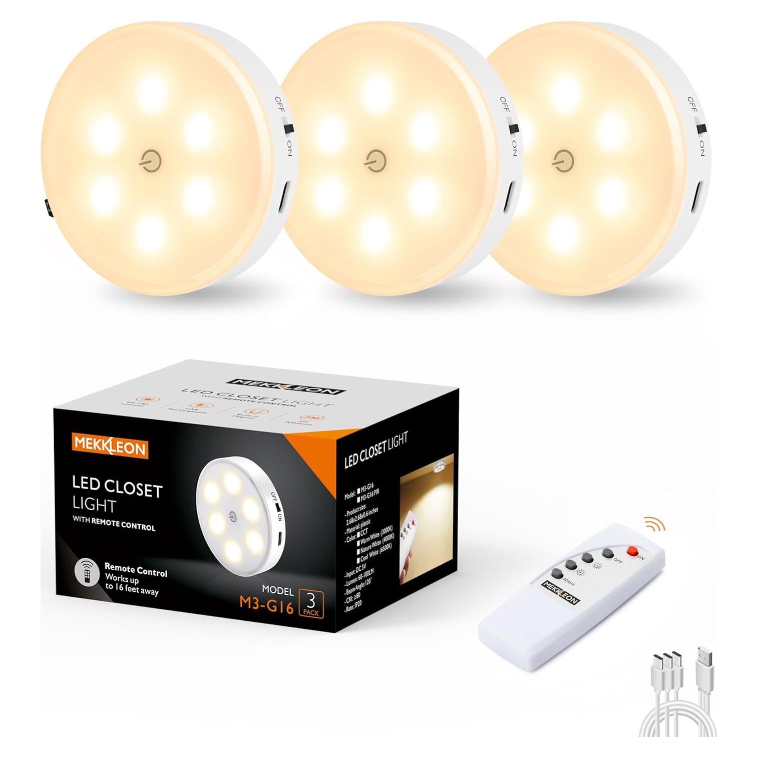 Luces Puck LED MEKKLEON con Control Remoto - 3 Piezas, 1000mAh