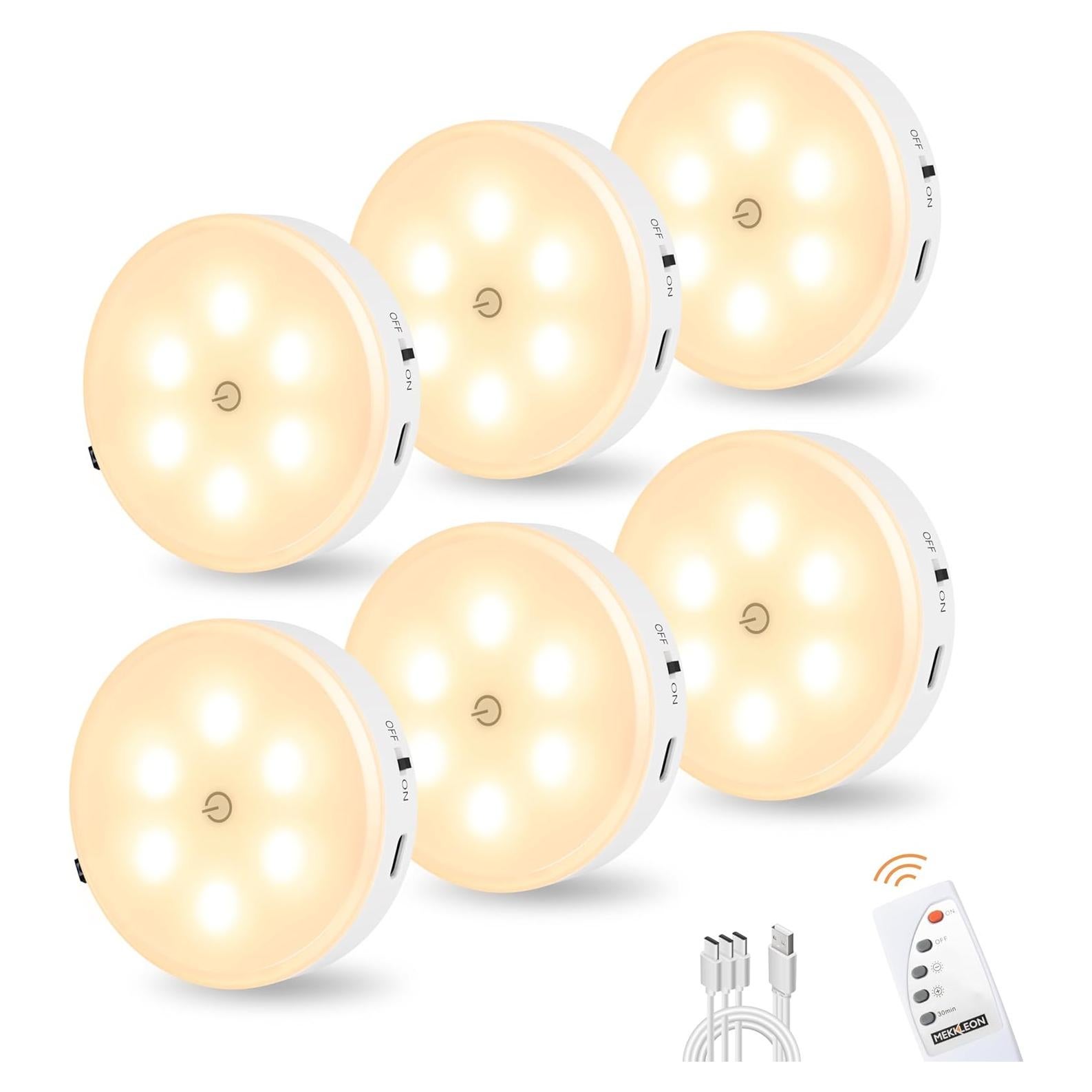 Luces Puck Recargables con Control Remoto 3000K - 6 Piezas