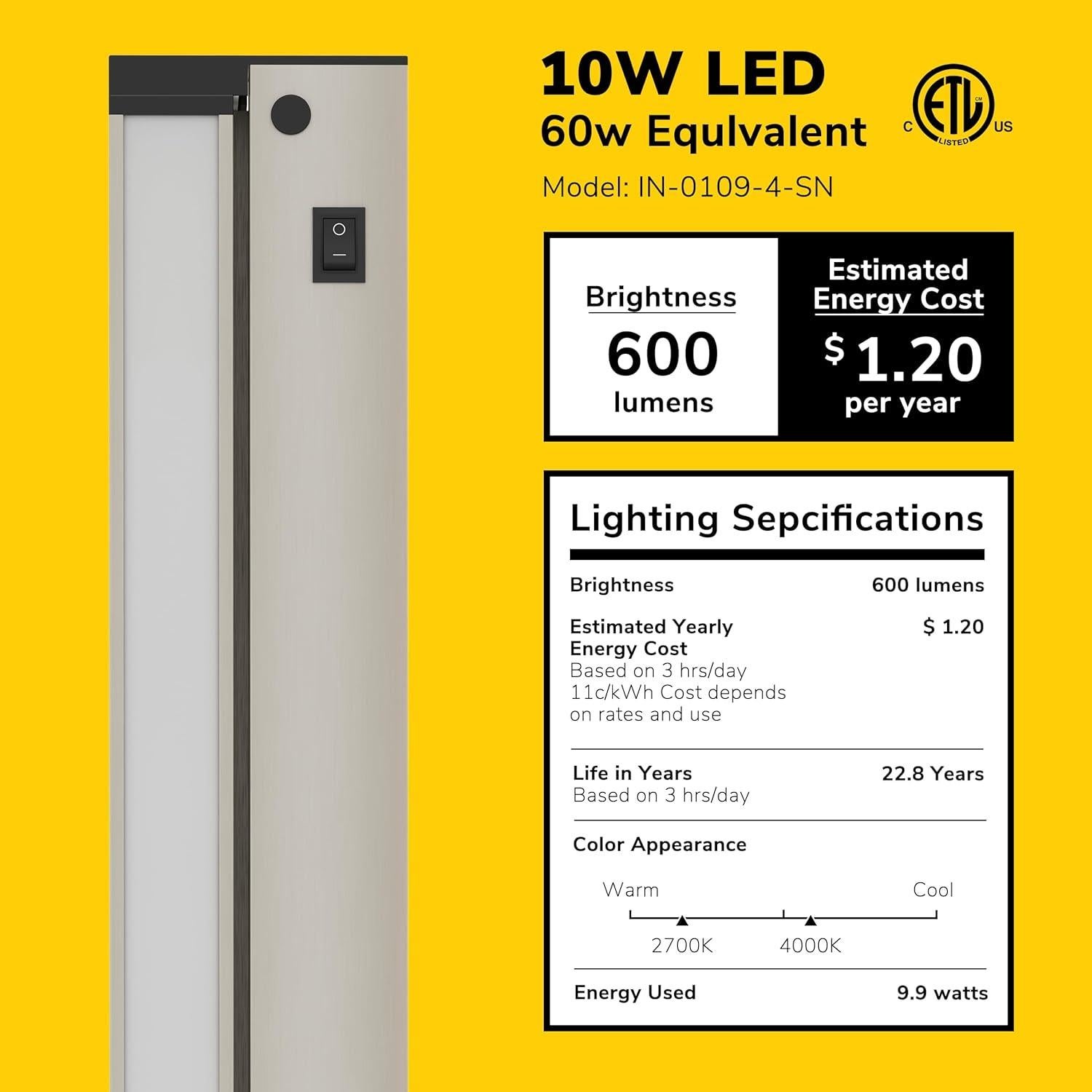 Iluminación LED 40.64 cm GETINLIGHT con giro, 10W, 600 lúmenes