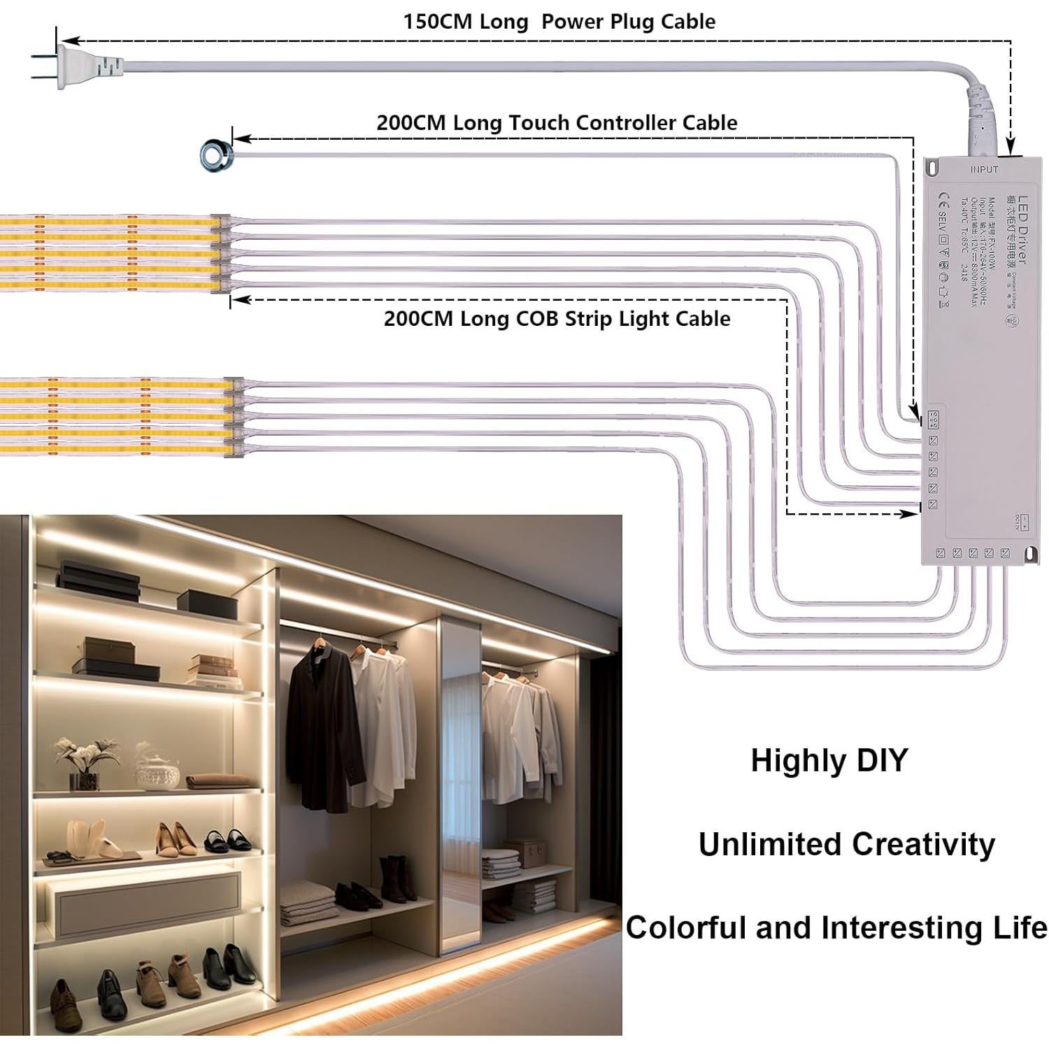 Kit de Iluminación LED COB 10m 12V ZHONG YI Luz Blanca 4000K