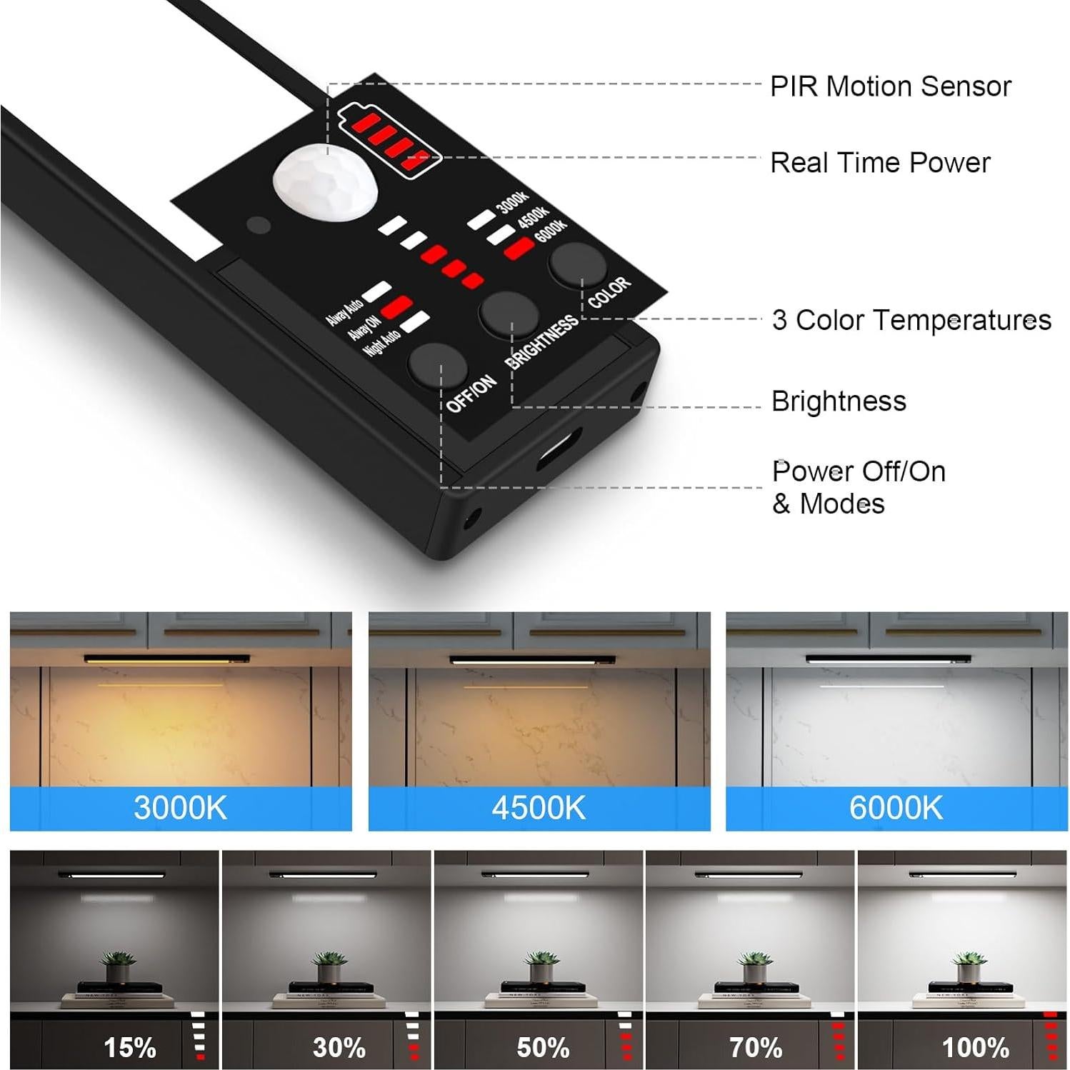YELKO Luz Bajo Gabinete 30cm con Sensor de Movimiento Recargable