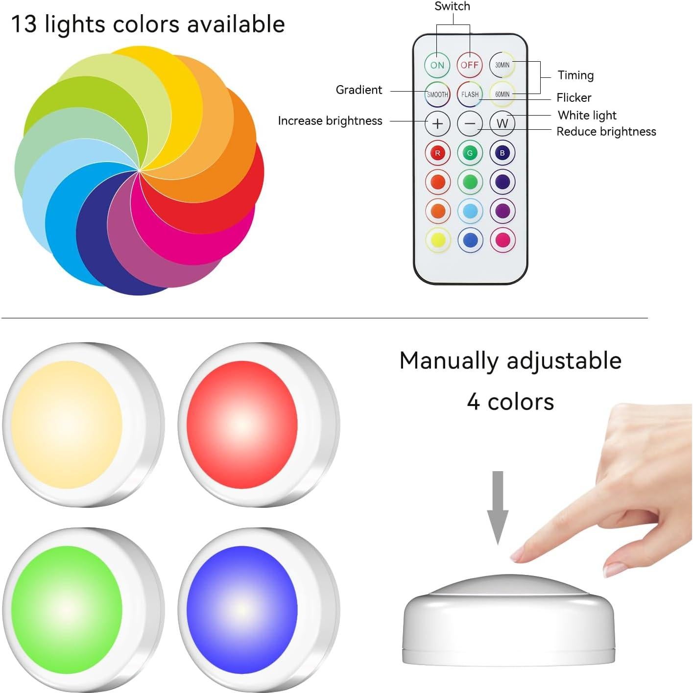 Luces LED Puck Inalámbricas BESTDLCLITE 6 Piezas 13 Colores