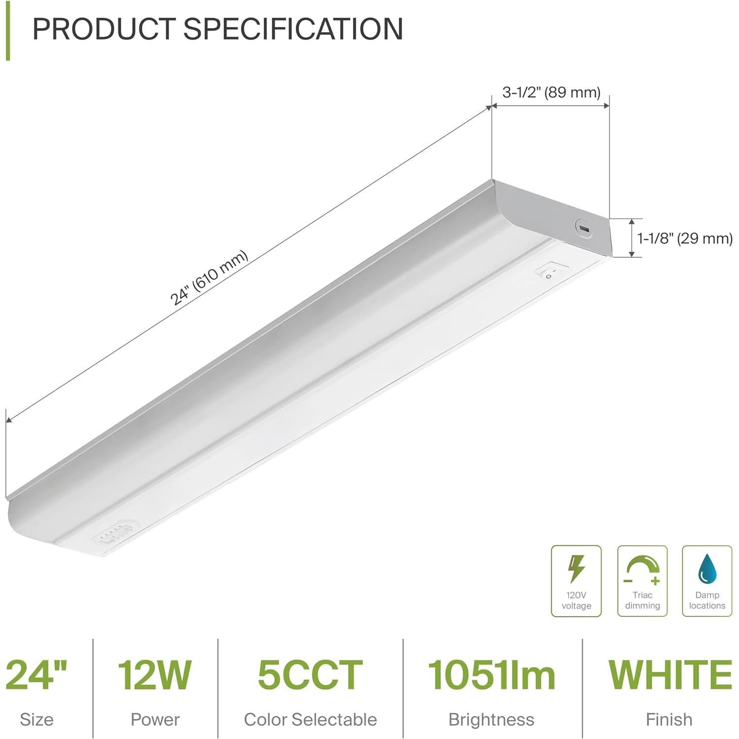 ASD 24 Inch LED Under Cabinet Lighting Hardwired, On/Off & Color Temp Switch, 12W 1051LM, 5CCT 2700K-5000K CRI90+, Dimmable Under Counter Lights for Kitchen, Under Cabinet Lights, 2 Pack, UL