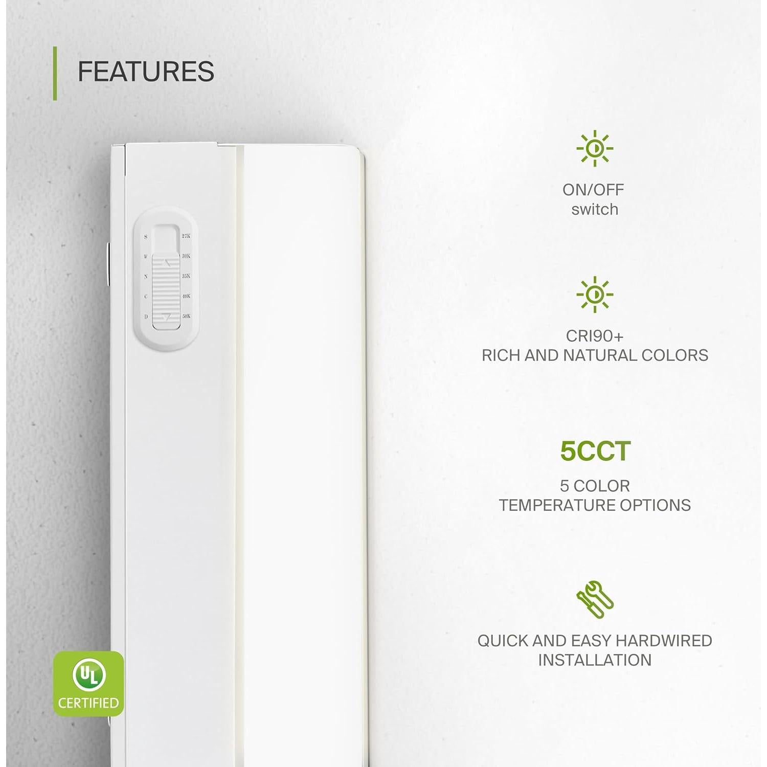 ASD 24 Inch LED Under Cabinet Lighting Hardwired, On/Off & Color Temp Switch, 12W 1051LM, 5CCT 2700K-5000K CRI90+, Dimmable Under Counter Lights for Kitchen, Under Cabinet Lights, 2 Pack, UL