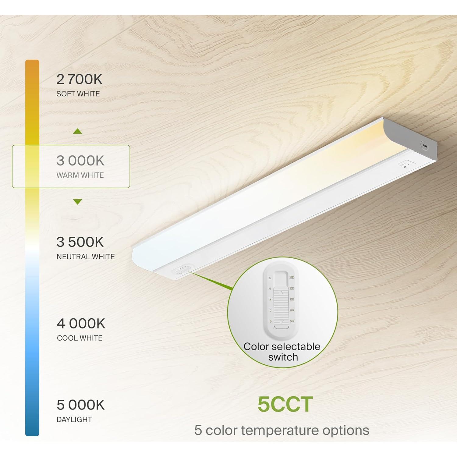 ASD 24 Inch LED Under Cabinet Lighting Hardwired, On/Off & Color Temp Switch, 12W 1051LM, 5CCT 2700K-5000K CRI90+, Dimmable Under Counter Lights for Kitchen, Under Cabinet Lights, 2 Pack, UL