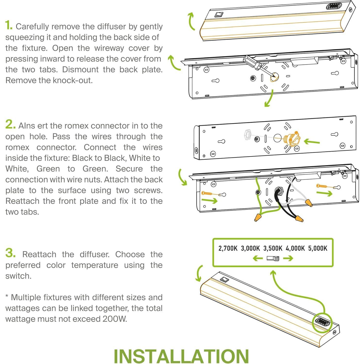 ASD 24 Inch LED Under Cabinet Lighting Hardwired, On/Off & Color Temp Switch, 12W 1051LM, 5CCT 2700K-5000K CRI90+, Dimmable Under Counter Lights for Kitchen, Under Cabinet Lights, 2 Pack, UL