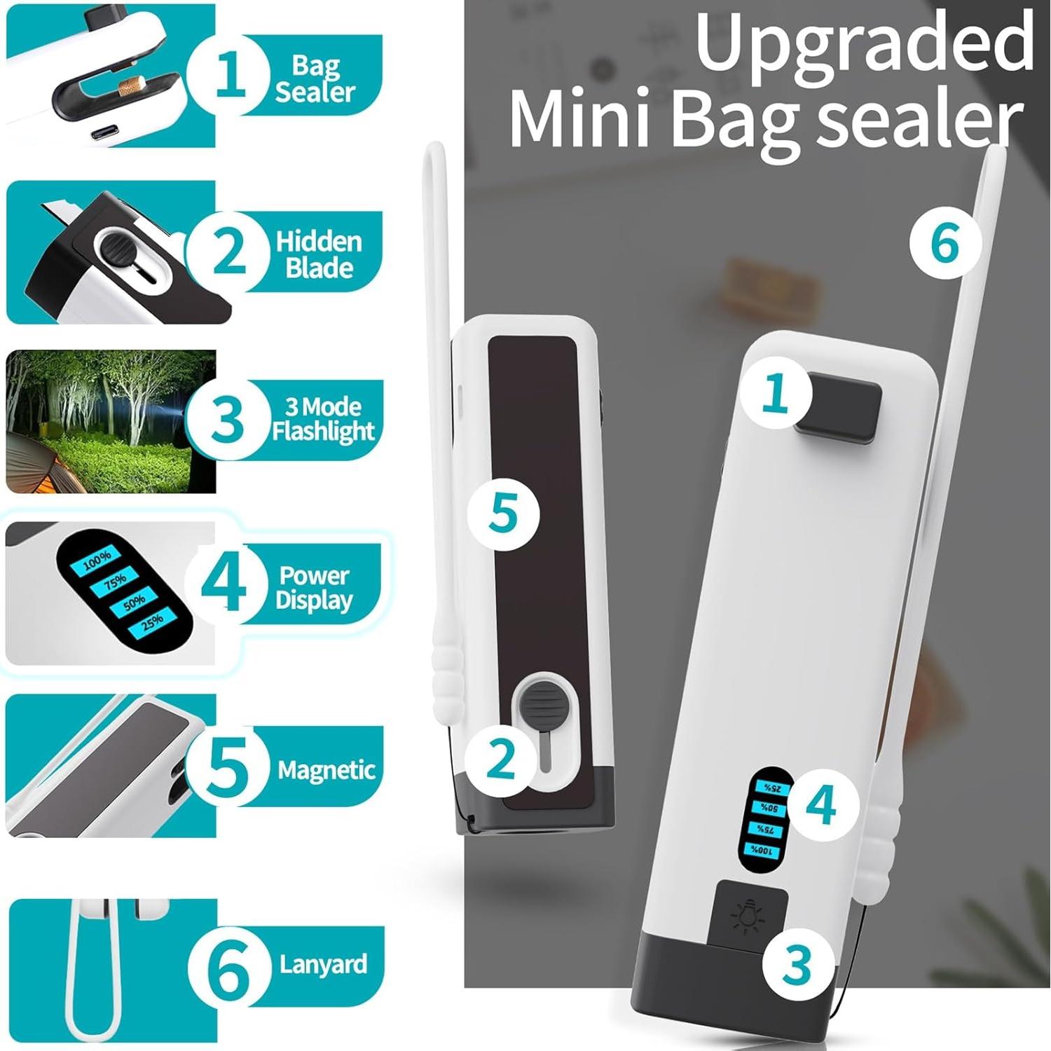 Mini Sellador de Bolsas HSLGOVE 3-en-1 Recargable Beigewhite