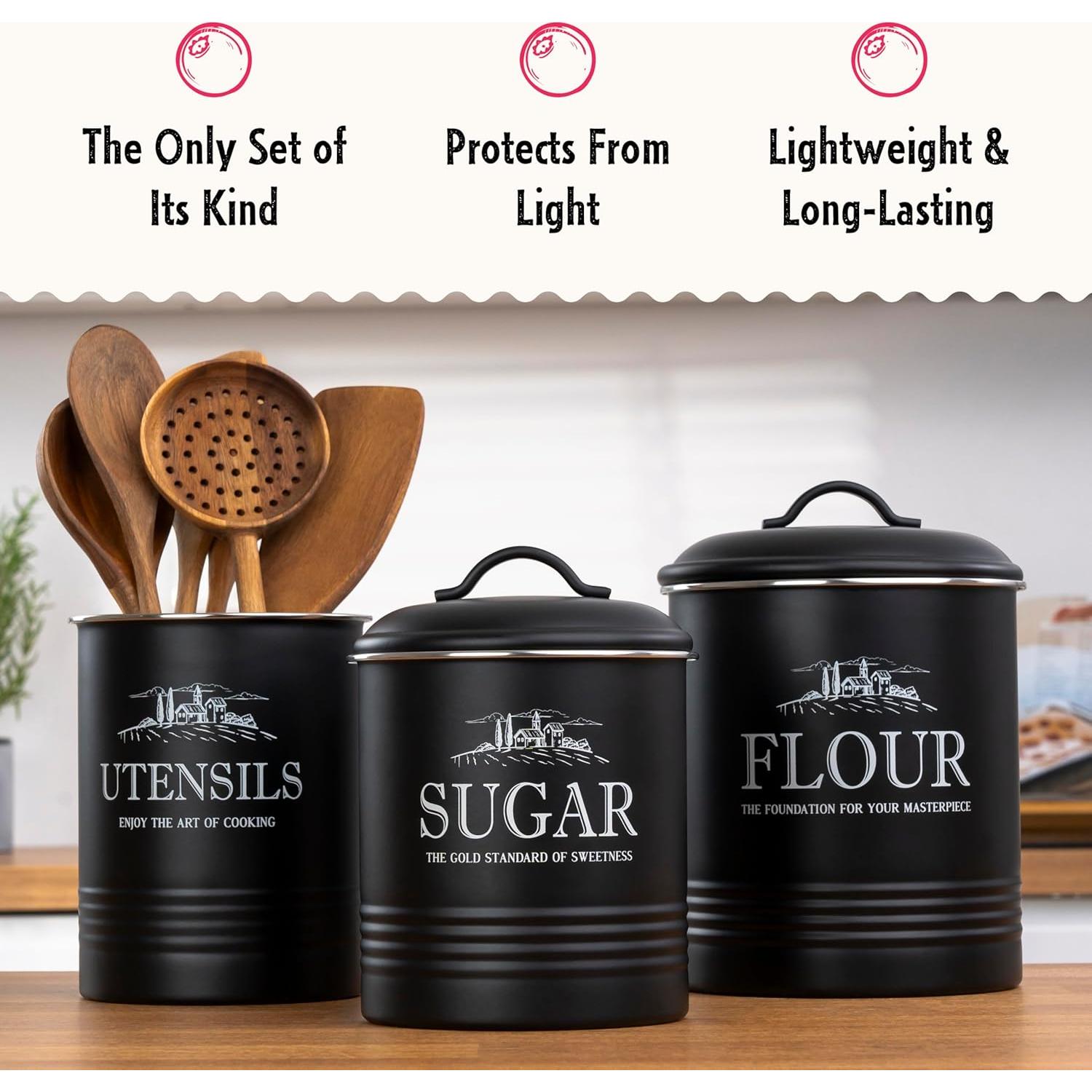 Set de 3 Latas Negras Herméticas para Cocina - noonberry