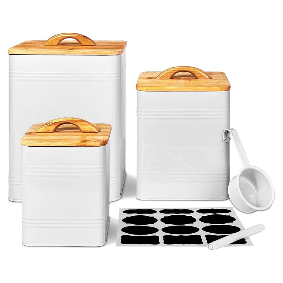 Juego de 3 Tarros de Almacenamiento Vensovo - Metal Blanco con Tapas de Bambú