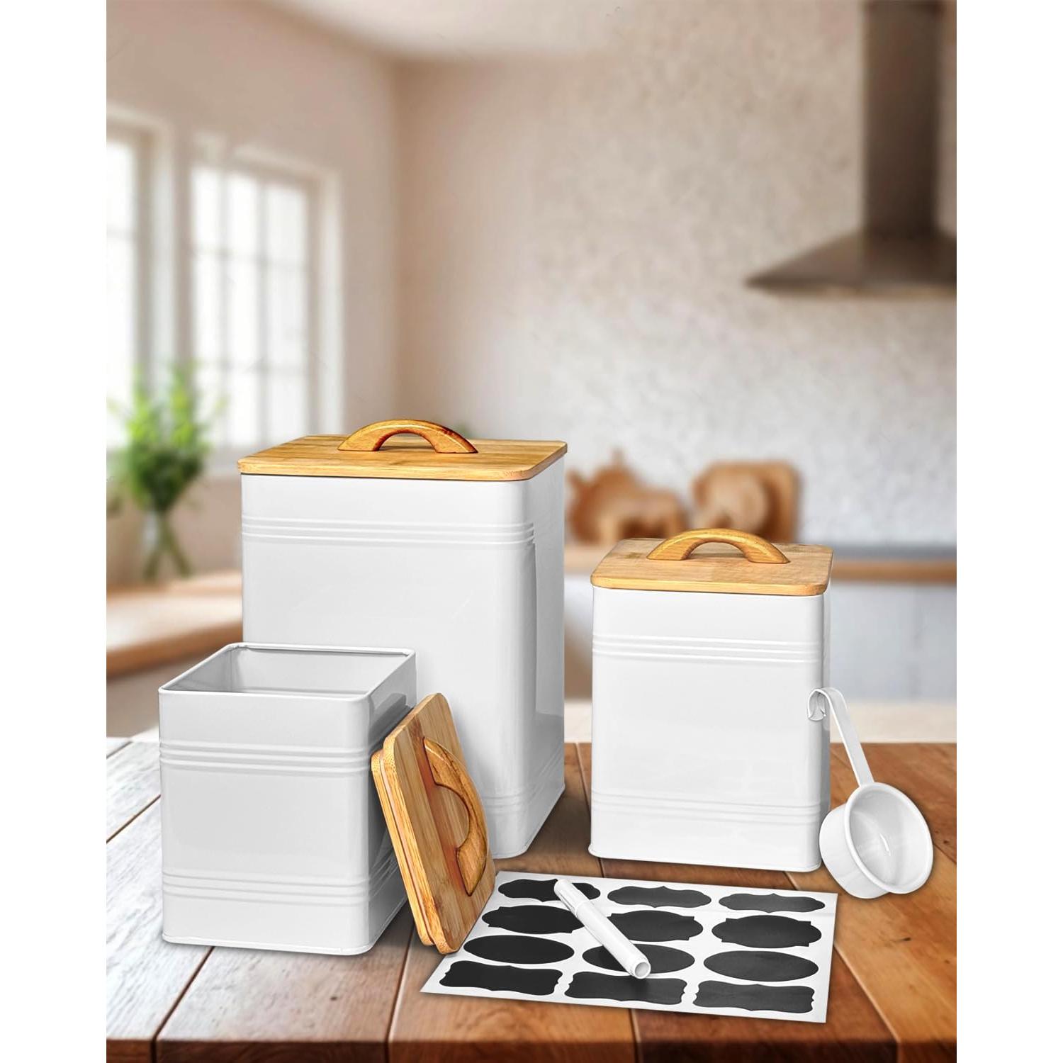Juego de 3 Tarros de Almacenamiento Vensovo - Metal Blanco con Tapas de Bambú