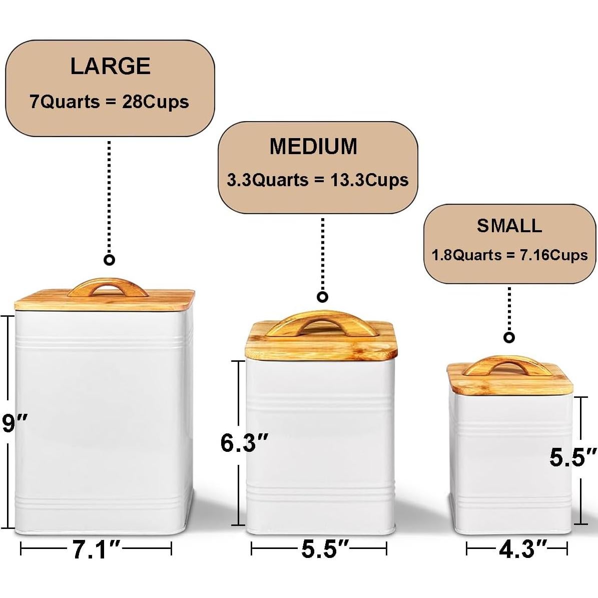 Juego de 3 Tarros de Almacenamiento Vensovo - Metal Blanco con Tapas de Bambú