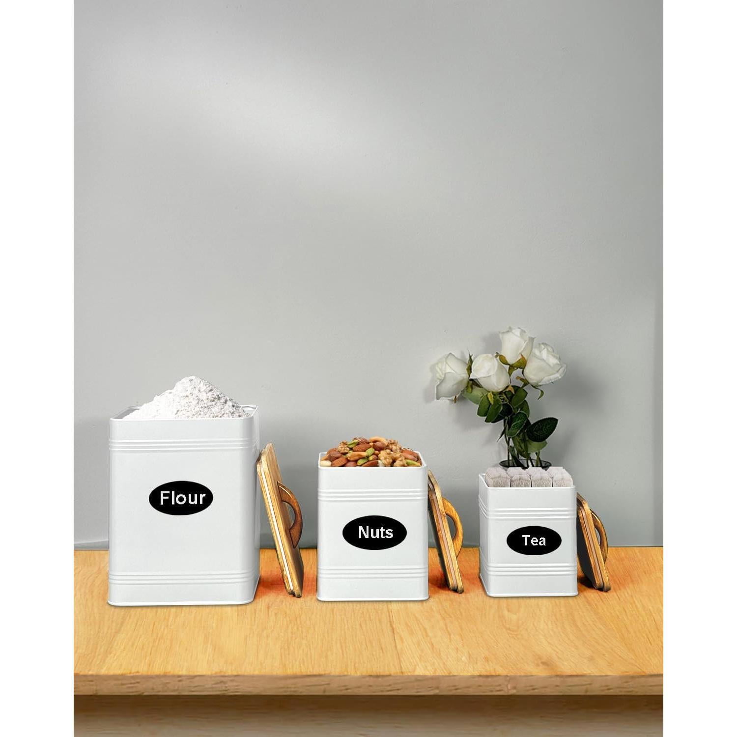 Juego de 3 Tarros de Almacenamiento Vensovo - Metal Blanco con Tapas de Bambú