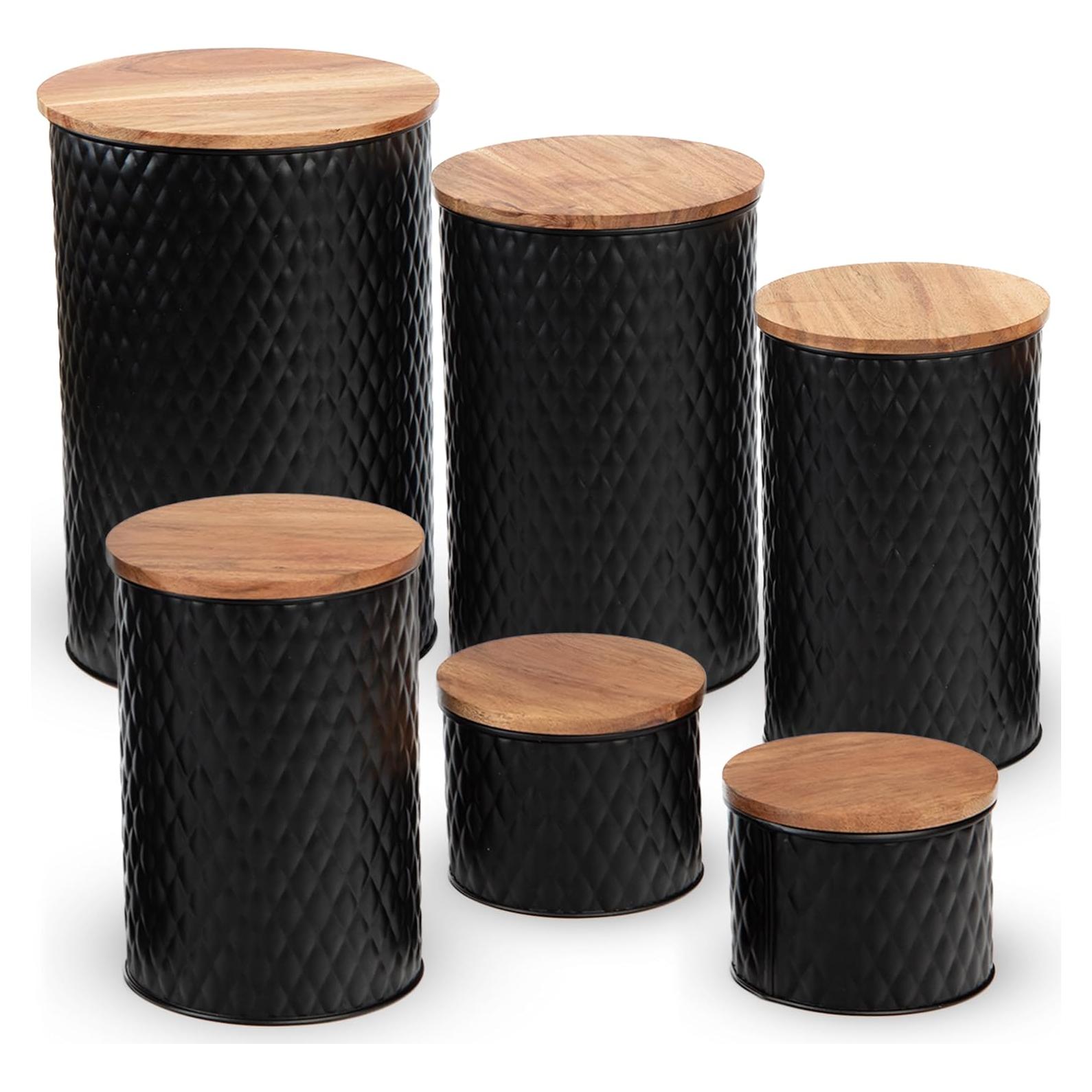 Juego de 6 tarros de almacenamiento Alasitas - Metal negro con tapas de madera