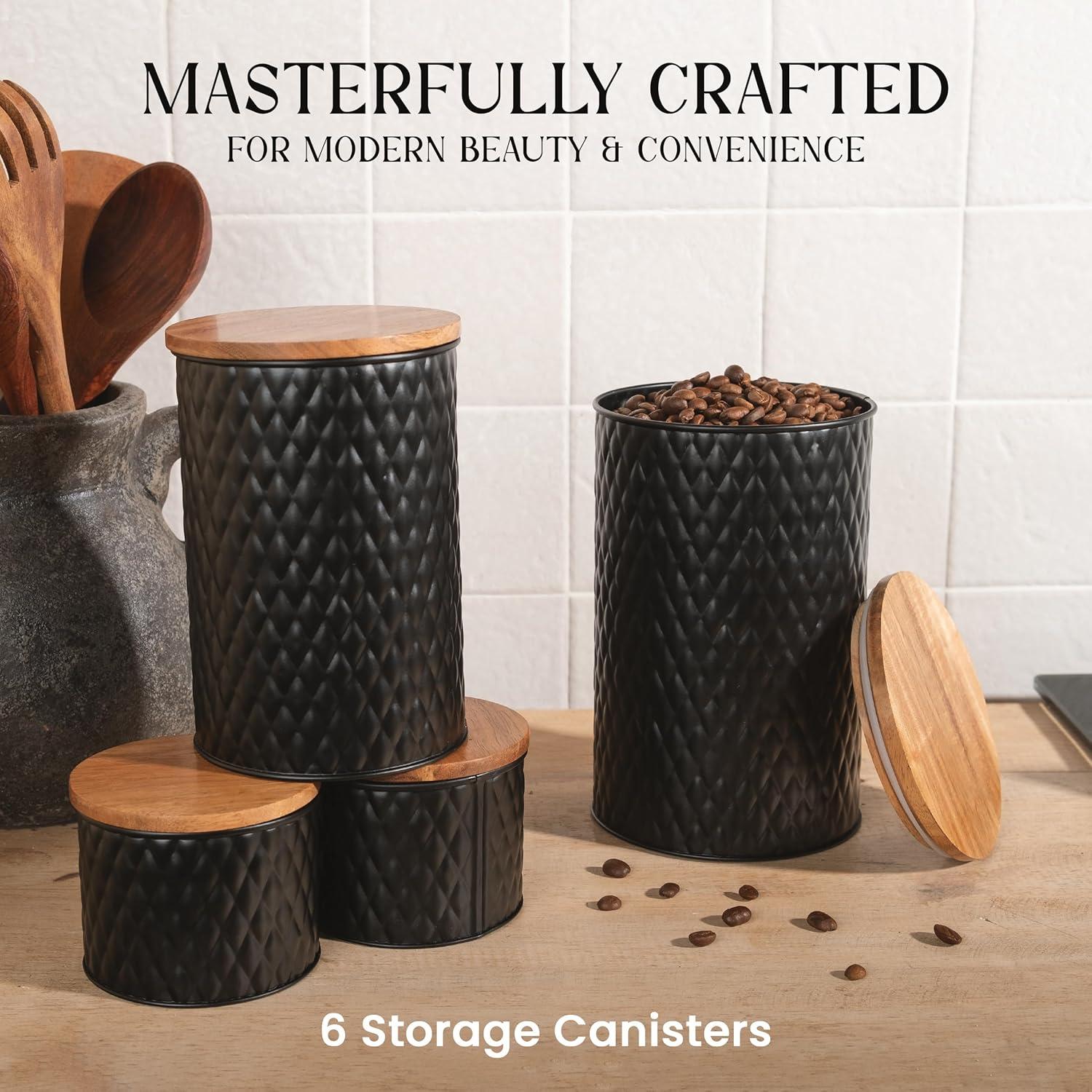 Juego de 6 tarros de almacenamiento Alasitas - Metal negro con tapas de madera